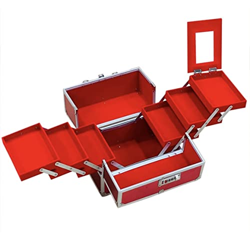 Image of Adson Professional Beauty Make Up Cosmetic Vanity Box /Case 6 Trays With Mirror (Diamond Cut Red)