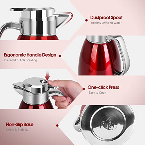 61 Oz Thermal Coffee Carafe,1.8L Stainless Steel Thermos Carafe,Double Wall Insulated Coffee Server,Fully Sealed Coffee Thermos Dispenser Keep Hot 12 Hours,Vacuum Thermal Pot for Coffee Tea,Red