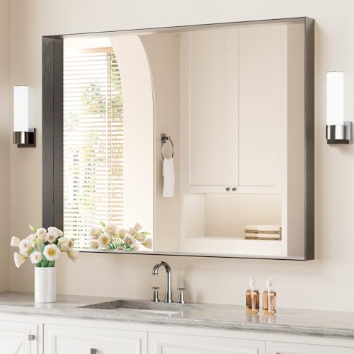 Image of Koonmi Bathroom Wall Mirror, 40x30 Black Mirror for Over Sink