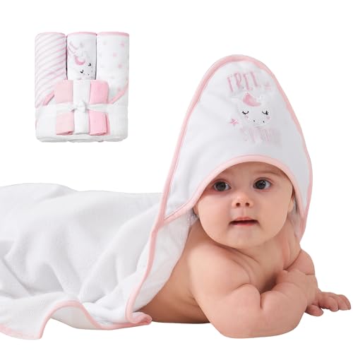 Image of Viviland Baby Towels and Wash Cloths Set - Hooded Towels, Face Towels, Burp Cloths or Wipes - Absorbent Bath Towels - 6-Pack, Size 28 x 28 Inch (Pink Unicorn)
