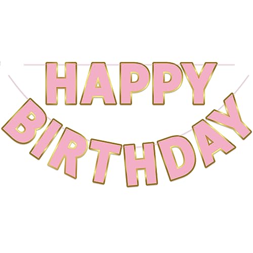 Image of Happy Birthday Banner - 9ft Pre-Strung Happy Birthday Sign for Women, Men, Girls, Boys - No DIY Birthday Decorations & Party Supplies(Pink Gold)