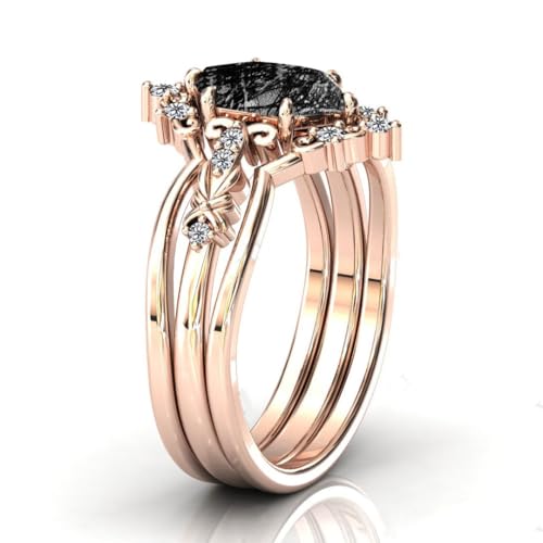 Natural Hexagon Black Rutilated Quartz Engagement Ring Set 925 Sterling Silver Rings for Her with Free Engraving Jewelry Gift for Women Black Rutilated Quartz Vintage Ring Set Size 4-15 -74