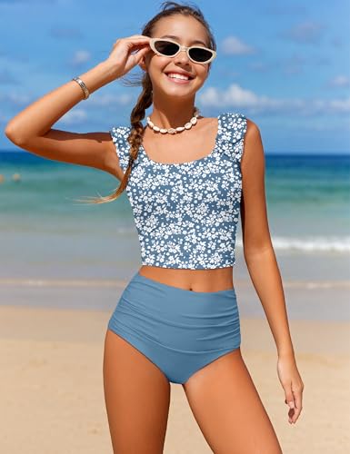 Image of Girls Tankini Swimsuit 2 Piece Bathing Suit Twist Cross Back Cutout Swim Tank Top Floral Print Swimwear for 7-18Y