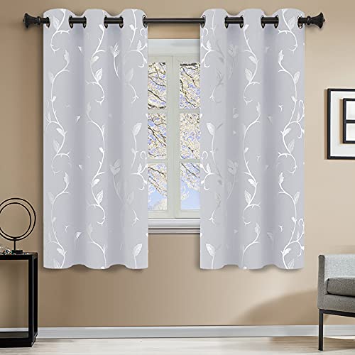 BUHUA Blackout Grommet Curtains for Sliding Glass Door, 63 Inch Long, Pack of 2 Darkening Curtains with Floral Pattern (42 x 63 Inch, Greyish White, 2 Panels)