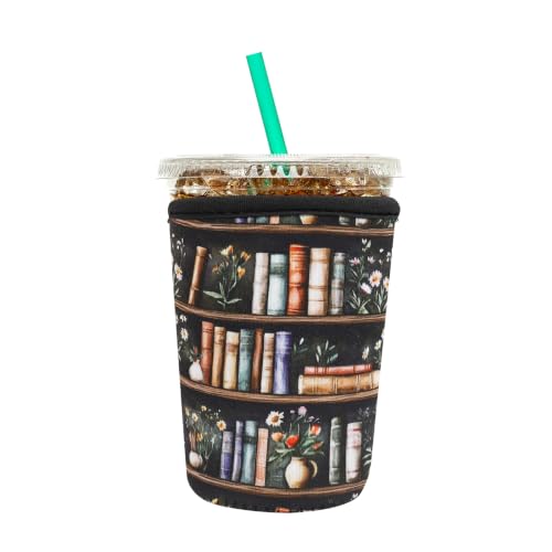 Image of Insulated Neoprene Cup Sleeve for Iced Coffee & Cold Soda - Reusable & Sweatproof, Keeps Drinks Cold Longer, Coffee Coolie for Hot & Iced Drinks (Bookshelf & Floral, Small: 16-18oz)