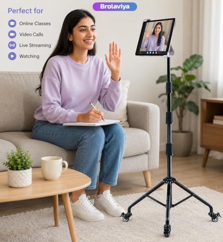 Image of BROLAVIYA Tablet Tripod Floor Stand with Wheels and Adjustable Gooseneck Mount for Home,Office, Stage for All 9.5~14.5 Diagonal inches Large Display Devices iPad, iPad Pro, Galaxy Tab, Surface Pro
