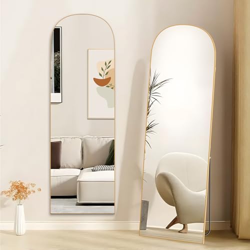 Hamlody Specchio a Figura Intera, Specchio da Terra ad Arco con Cornice in Alluminio 162 x 52cm, Vetro Temperato, Specchi da Parete Lungo da Appendere o Appoggiato, per Camera da letto Ingresso, Oro