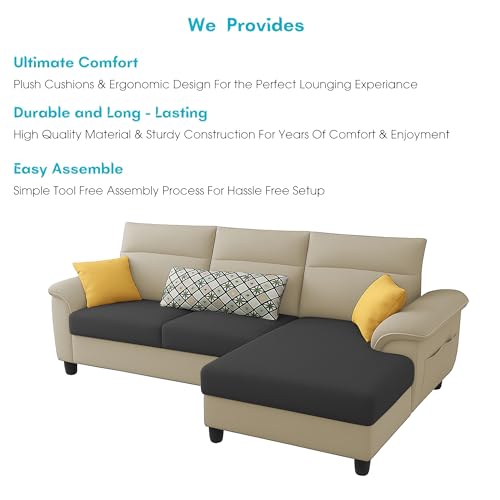 Image of Casaliving Seams RHS 4 Seater L Shape Sofa for Living Room (Cream Black Fabric) Premium Fabric Sofa