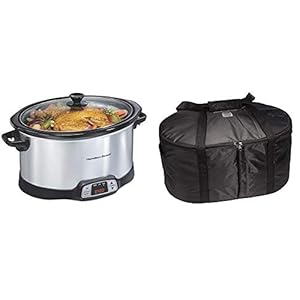 Hamilton Beach 8-Quart Programmable Slow Cooker With Digital Timer, Silver (33480) & Travel Case, Carrier Insulated Bag for 4, 5, 6, 7 & 8 Quart Slow Cookers (33002),Black