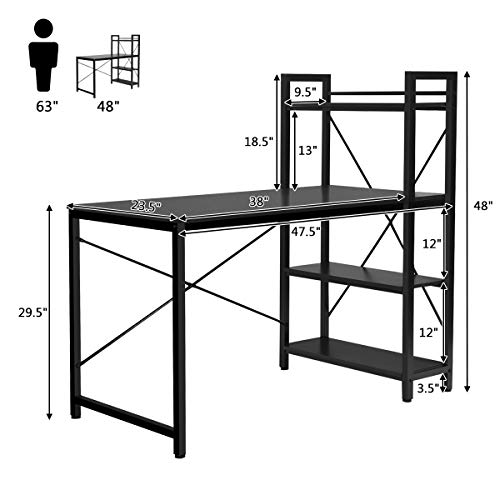 Tangkula Computer Desk With 4 Tier Shelves, Study Writing Table With Storage Bookshelves, Modern Compact Home Office Workstation, 47.5" Tower Desk With Steel Frame & Adjustable Feet Pad, Black #TOP4