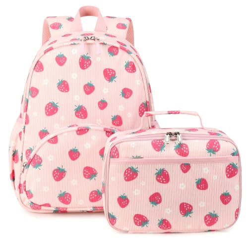 Image of LOIDOU Kids Backpack with Lunch Box Set, Toddler Preschool Boy Backpack with Chest Strap Kindergarten Backpack LunchBox Combo (Strawberry)