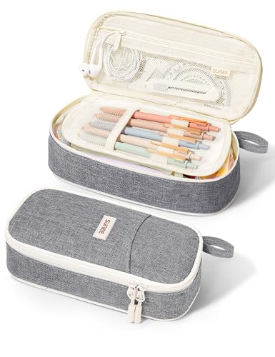 Image of SUNEE Cute Pencil Case, Aesthetic Pen Pouch, Colored Large Pencil Bag with Zipper, Kawaii Stationery Storage and Organizer, School Supplies for Teen and Adult Girls, Gray