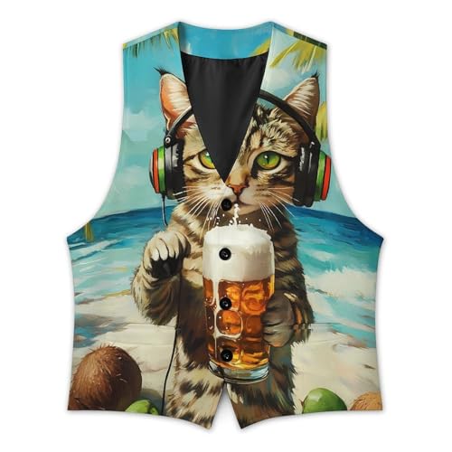 Beer Cat Men's Suit Vest Slim Fit Business Dress Party Pattern Waistcoat Vest Top3