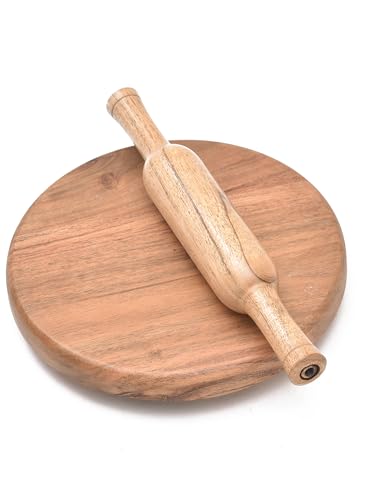 Image of Sanjeev Kapoor by OGGN Wooden Chakla Belan Set for Kitchen, Acacia Akand Wood Rolling Pin and Board, Roti Maker, Chapati Board, Natural Finish, Eco-Friendly, Durable & Easy to Clean, 10 Inch
