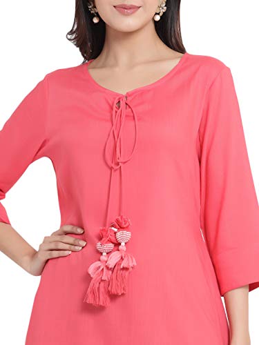 Image of Juniper Women's Coral Rayon Solid Asymmteric Kurta (Coral, XS)
