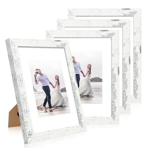iRahmen 9x12 Picture Frame Set of 4 with Tempered Glass, Distressed White Frame Display 6x8 Picture with Mat or 9 x 12 Without Mat, Wooden Photo Frame for Wall Mount and Tabletop Display