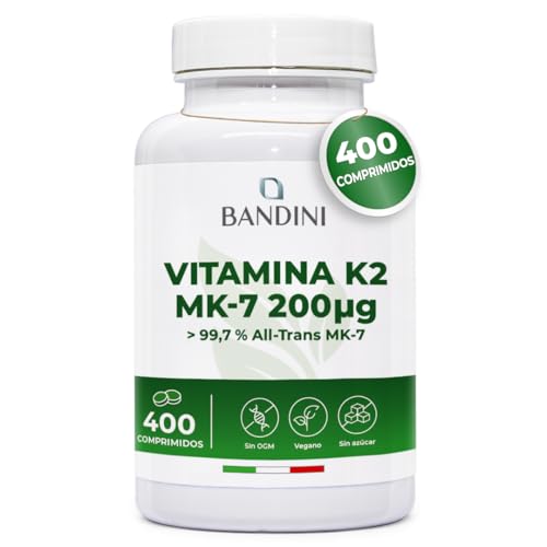 Bandini® Vitamina K2 (100% ALL-TRANS MK-7) 400 Comprimidos Veganos (1 año) - Alta Potencia de 200μg - K2 MK7 Forma Más Pura de Vitamina K 2 la Menaquinona - Mantenimiento de huesos y articulaciones