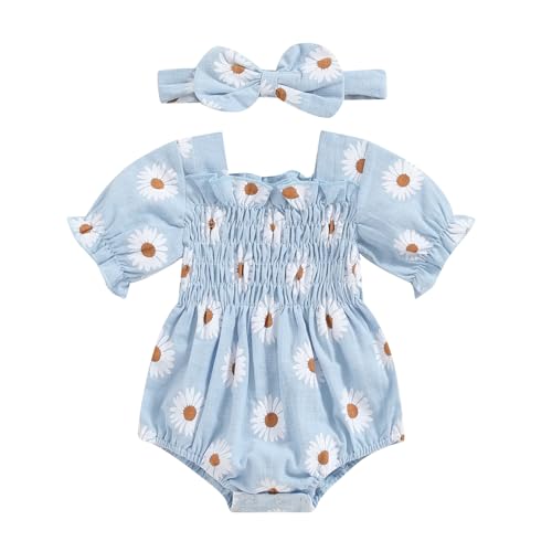 Image of Douhoow Infant Baby Girl Romper Baby Girl Dress Floral Pleated Romper Baby Girl Summer Clothes with Headband (Blue B, 3-6 Months)