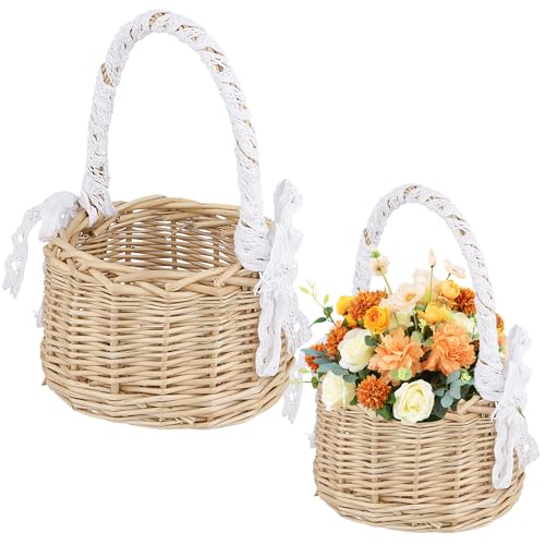SYUTBOU 2 Cestas de Flores para Niña Trenzadas a Mano, 22 x 13 cm, con Asa y Encaje Blanco para Bodas, Decoración de Fiesta, Cestas Pequeñas de Mimbre Natural