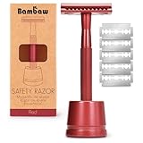 Bambaw Double Edge Safety Razor with Stand, Safety Shaving Razor with 5 Double Edge Safety Razor Blades, Eco-Friendly Razor for Shaving – Red