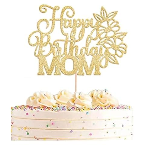 AHAORAY Happy Birthday Mom Cake Topper - Premium Gold Glitter Flower Mother's Birthday Cake Decoration Supply - Birthday Party Decor for Mom - Mother's Day Party Cake Topper Cover