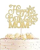 AHAORAY Happy Birthday Mom Cake Topper - Premium Gold Glitter Flower Mother's Birthday Cake Decoration Supply - Birthday Party Decor for Mom - Mother's Day Party Cake Topper