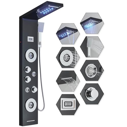 Duschpaneel mit LED und Temperaturanzeige, Multifunktionale Duschpaneel mit 5 Duschfunktionen Regendusche Nebeldusche 4 Massagedüsen Handbrause,Edelstahl Duschsäule für Wandmontage Duschpaneel mit LED und Temperaturanzeige, Multifunktionale Duschpaneel mit 5 Duschfunktionen Regendusche Nebeldusche 4 Massagedüsen Handbrause,Edelstahl Duschsäule für Wandmontage