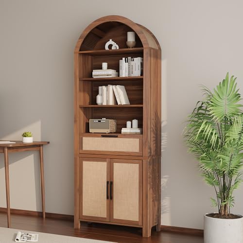 Janmer Home 79' Tall Arched Bookcase with Storage, Mid Century Modern 6-Tier Cabinet with Door and Drawer, Arched Bookshelf with Open Display Shelf for Office Living Room(Walnut, 79inch-Doors)