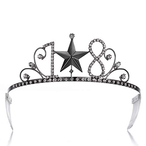 STONEJYA 18th Birthday Girls Tiara Crown Princess Girls 18th Birthday Queen Crowns Tiaras Women 18th Birthday Queen Tiaras Crowns Black Metal Rhinestone 18 Birthday Prom Costume Cosplay Crown Tiara