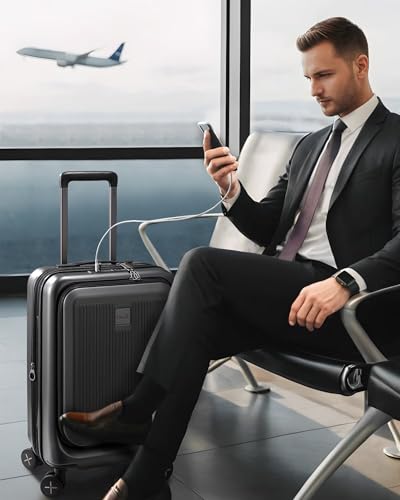 LUGGEX Carry on Luggage 22x14x9 Airline Approved, PC Hard Shell Suitcase with Front Pocket, Expandable Luggage with USB Port (Black, 20 Inch, 37L)4