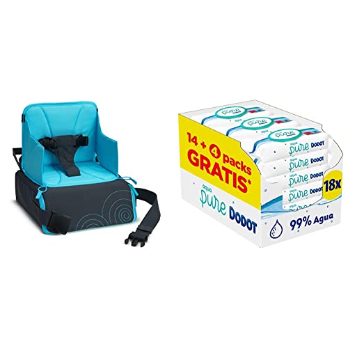 Munchkin Asiento infantil elevador portátil, azul/gris & Dodot Toallitas Aqua Pure para Bebé, 99% Agua, 864 Toallitas, 18 Paquetes (14+4 Gratis)