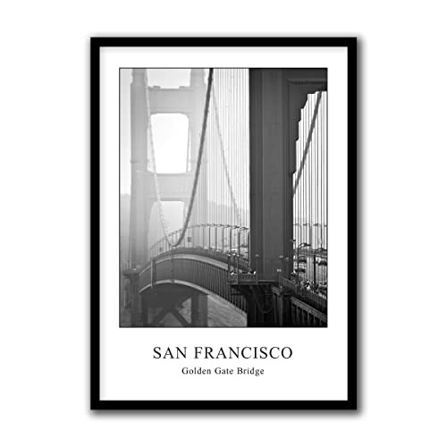 Rahmenbild San Francisco Golden Gate Bridge 2 | Wandbild mit Rahmen schwarz Hochformat | Bild Stadt City USA Kalifornien Brücke | Wohnzimmer Büro Schlafzimmer | schwarzweiß klassisch | 50 x 70 cm Cover