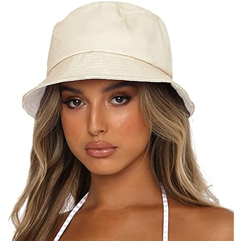 Sydbecs Bucket Hat for Women Men, Reversible Cotton Summer Sun Beach Cap Solid Color Style (B Beige/White Reversible) Cover