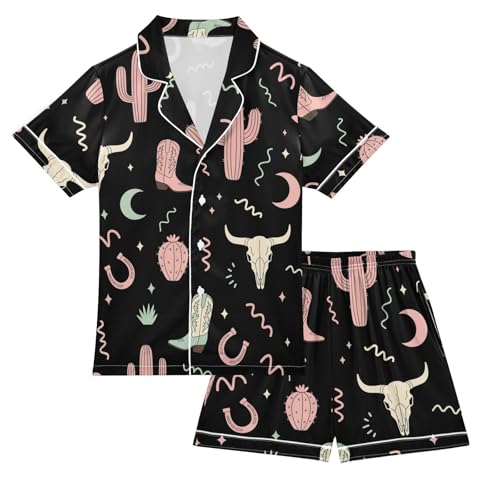 Satin Pajama Sets Short Sleeve Western Themed Seamless Pattern Design_1 Button Down Silky Nightwear 2 Piece PJS 5-14Y