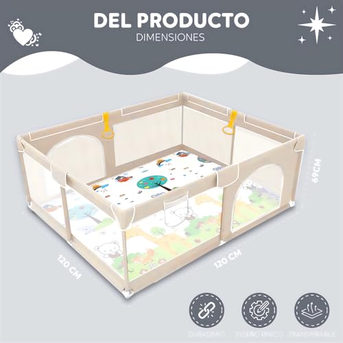 Miniatura 2 de Everykip Parque Infantil Bebe Beige 120x120cm Alfombra Suelo Anillas Bolsa Transporte Corralito Bebe Plegable Malla Transpirable Baby Playpen Beige