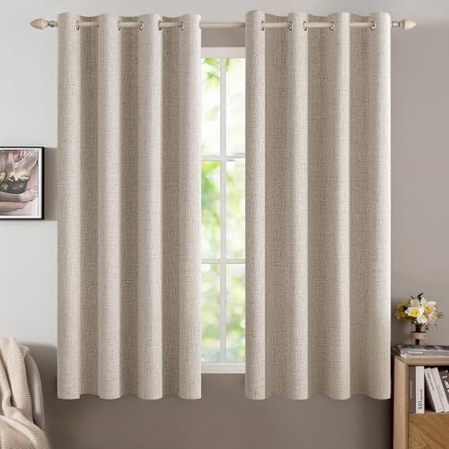 Image of MIULEE Linen Textured Curtains for Bedroom Solid 100% Blackout Thermal Insulated Natural Grommet Room Darkening Curtains & Drapes Luxury Decor for Living Room 52 x 45 Inch (2 Panels)