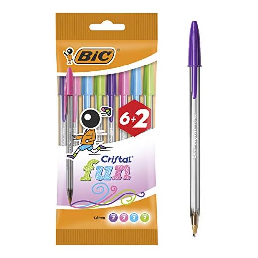 Bic Cristal Bolígrafos de Colores Surtidos, Fun, Punta Ancha (1,6 mm), Material Oficina, Blíster de 8 Bolis, Multicolor