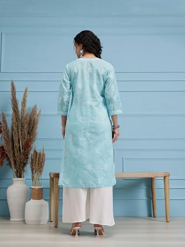 Image of Ada Women's Cotton Straight Fit Straight Hand Embroidered Lucknowi Chikankari Kurta Kurti A411165
