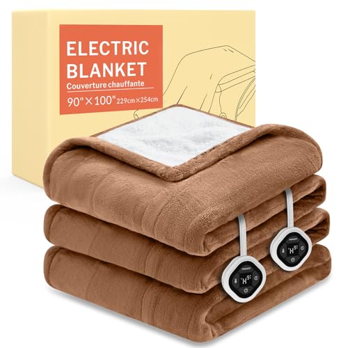 Image of HOMLYNS LuxeHeat Heated Blanket Electric Blanket King Size, Soft Flannel Sherpa Heating Blanket with 10 Heat Settings, 1-10 hrs Timer Auto Shut Off (90x100 inches, Coffee), Only for 120V Voltage Use