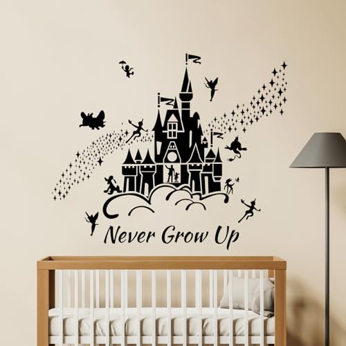 Tanlaby Stickers Muraux Peter Pan Autocollants Muraux Château Noir Sticker Mural Citations Never Grow Up pour Chambre de Bébé Pépinière D'enfant...