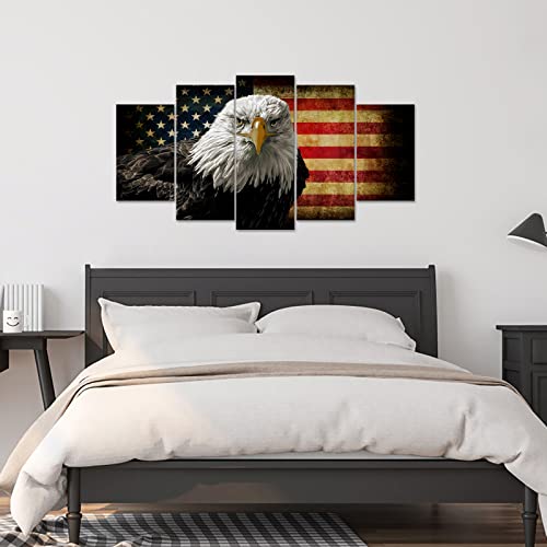 Ilooklike 5 Panels Retro American Flag Bald Eagle Us Military Canvas Wall Art Vintage Usa Stars And Stripes Painting Prints Stretched And Framed For Living Room Office Bedroom Ready To Hang #TOP3