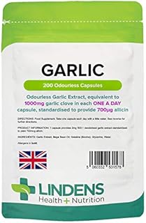 Lindens Garlic Odourless Capsules - 1000mg (700mcg Allicin) - 200 Capsules for 200 Days Supply - UK Manufacturer, Letterbox Friendly