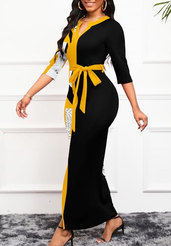 Image of Nmoder Long Maxi Dress for Women, Pencil Church Bodycon Dress Front Split | 3 /4 sleeve v neck, curvy tea party work semi formal cocktail funeral date bridesmaid dress, colorblock, m-3xl