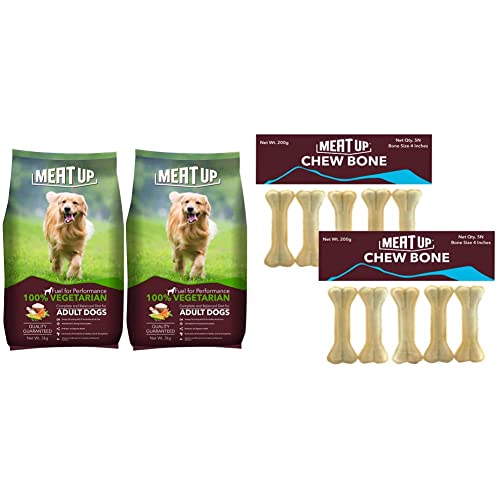 Image of Meat Up 100% Veg Adult Dry Dog Food, 3Kg (Buy 1 Get 1 Free) & Pressed Chew Bones, Dog Treats, 4 Inches, 200G (Buy 1 Get 1 Free)