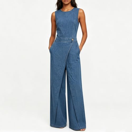 Mono de mezclilla para mujer estilo overol casual de una pieza con bolsillos 6