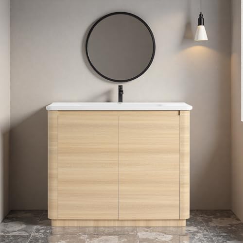 Image of 40 inch Bathroom Vanity with Ceramic Sink, Freestanding Bathroom Vanity with 2-Soft-Close Door, Soft-Closing Hinges & Hidden Handles for Home, Farmhouse, Easy to Clean Design, White Oak