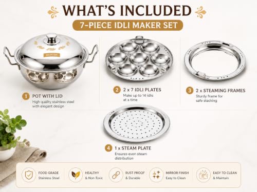 Image of MOHAM Stainless Steel Idli Maker, Dhokla & Momo Steamer Pot with 2 Idli Plates (14 Idlis), 2 Khaman /Dhokla Plates, 1 Patra Plate | Multipurpose Steam Cooker with Lid | Heavy Gauge Food Grade Steel | Mirror Finish | Gas & Induction Compatible