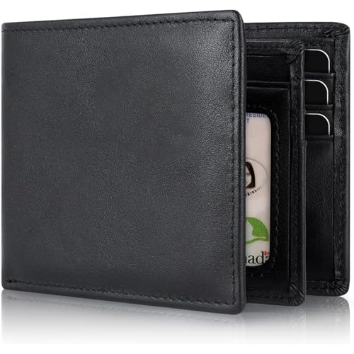 Genuine Leather Wallet for Men RFID Blocking Slim Bifold Large Capacity 13 Card Slots 1 ID Window Front Pocket Gift (Black-01)