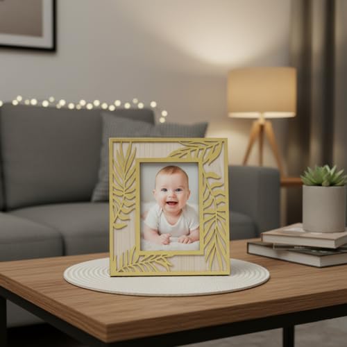 Image of Rectangle Photo Frame | Wooden Decorative Picture Frame with Leaf Laser Cut Border & Clear Acrylic Front | Wall & Tabletop Display | Premium Home Decor & Gift