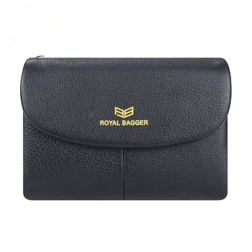 RFID Blocking Women's Short Wallet Genuine Cow Leather Multi-card Slots Card Holder Trifold Purse Magnetic Opening 2063 (Black)